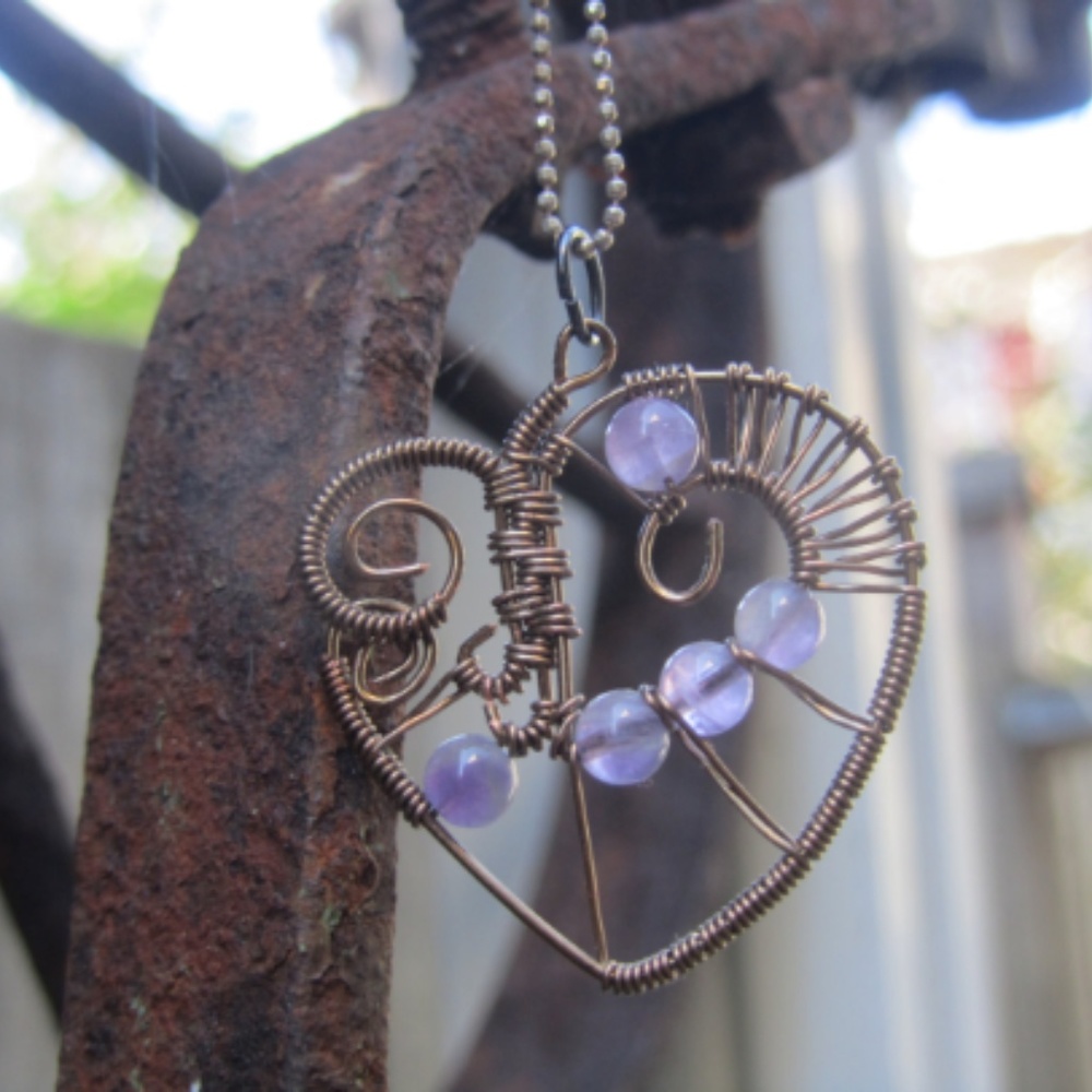 Handmade amethyst open heart wire wrap pendant